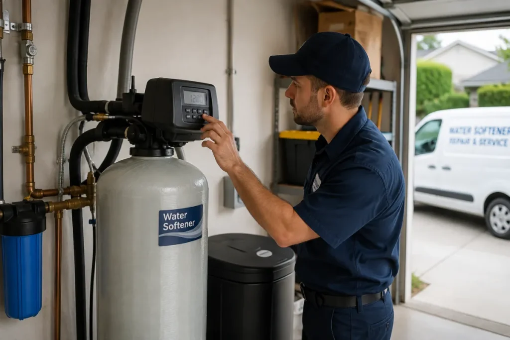 Water softener repair technician inspecting a system in San Diego, CA